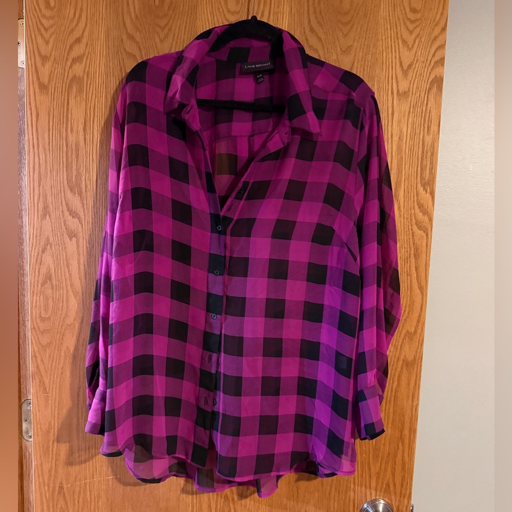 Lane Bryant Checkered Button-Down Shirt in Pink and Black